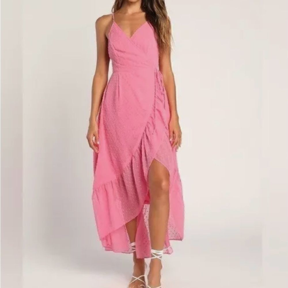 Lulus Pink Sleeveless Midi Wrap Dress Swiss Dot High-Low Hem V-Neck Size XL